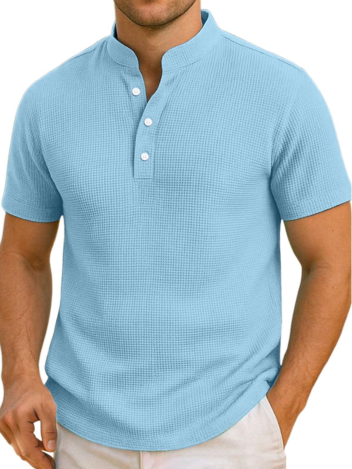Men's Daily Simple And Comfortable Solid Color Waffle Short-sleeved Henley Shirt