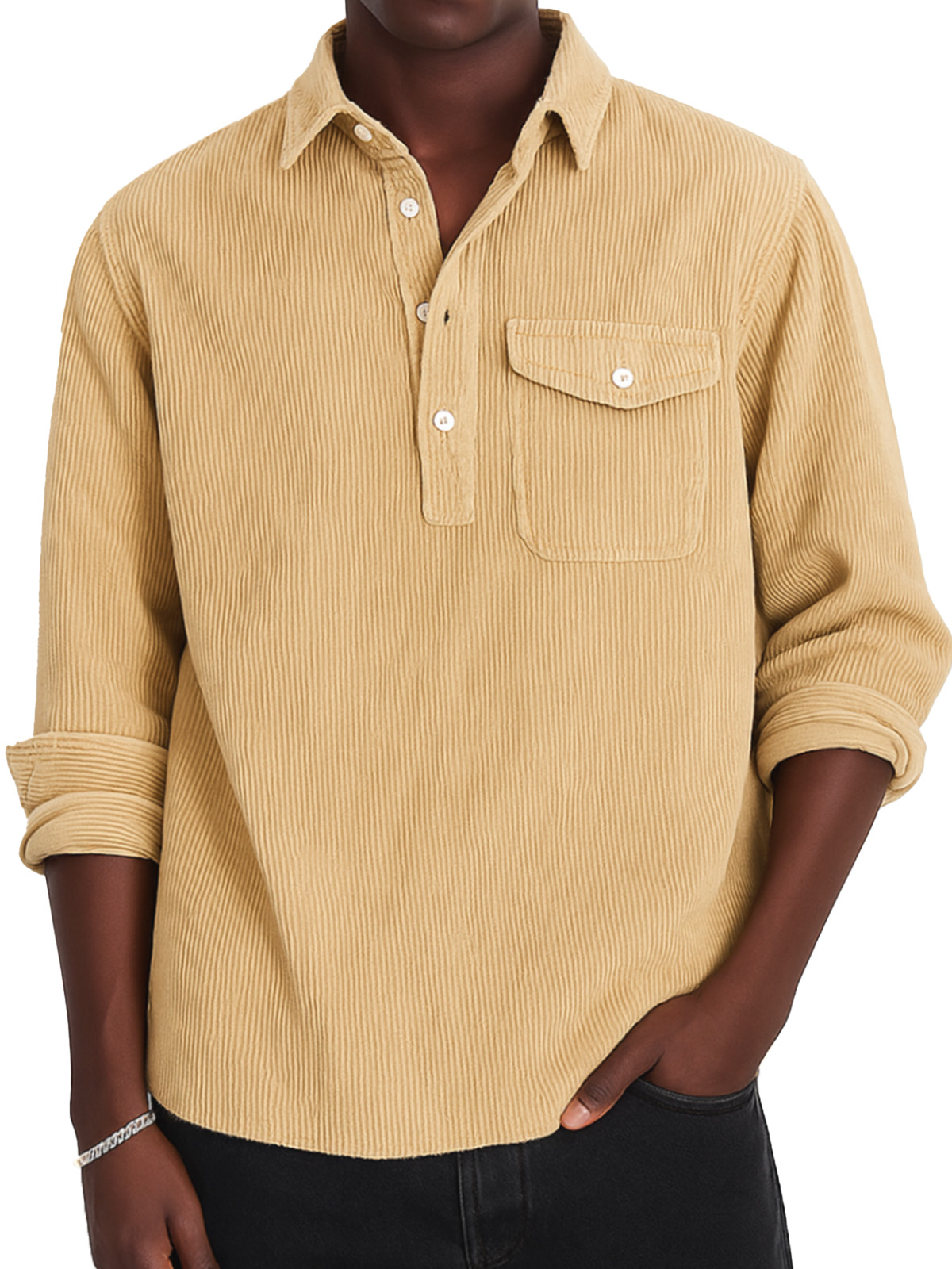 Men's Simple Solid Color Corduroy Lapel Long-sleeved Polo Shirt