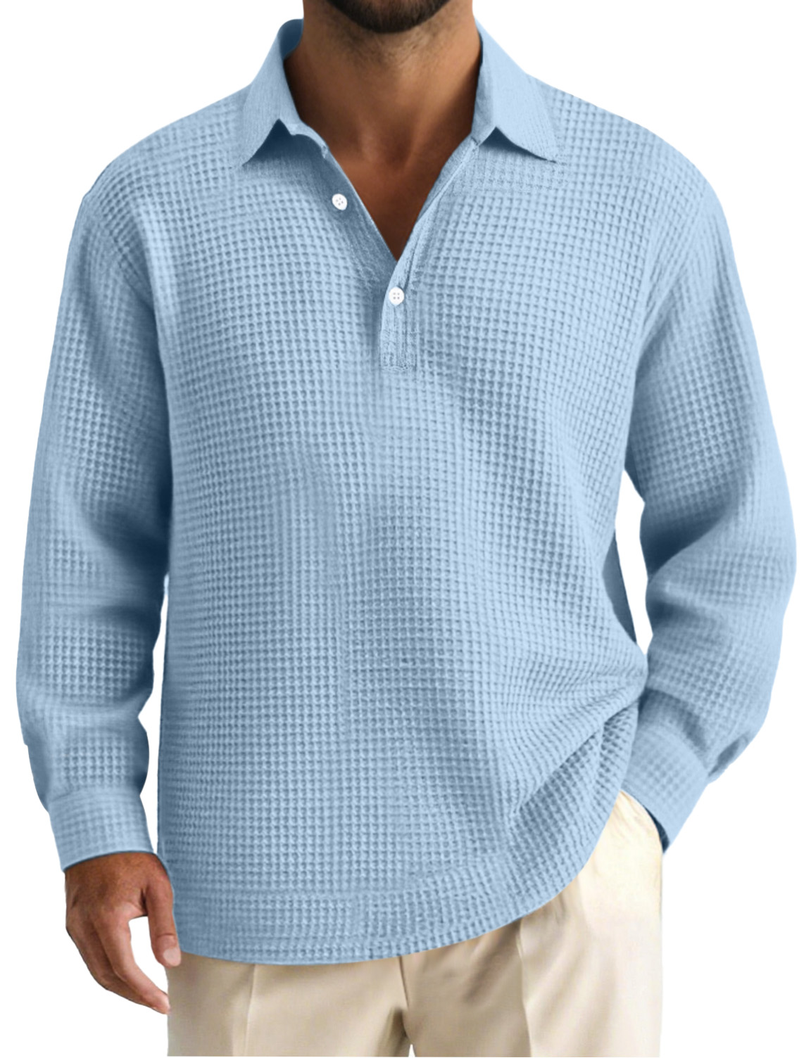 Men's Simple Solid Color Waffle Long Sleeve Polo Shirt