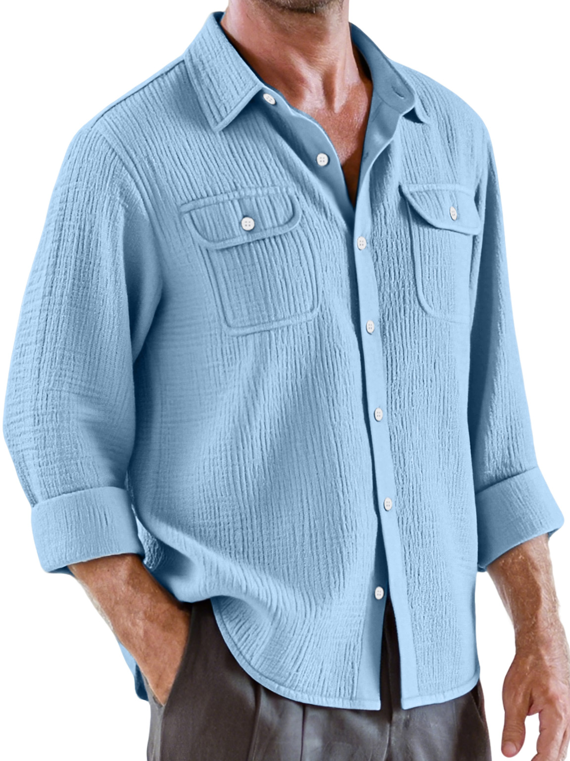 Men's Casual Solid Color Pleated Texture Double Pocket Long Sleeve Shirt