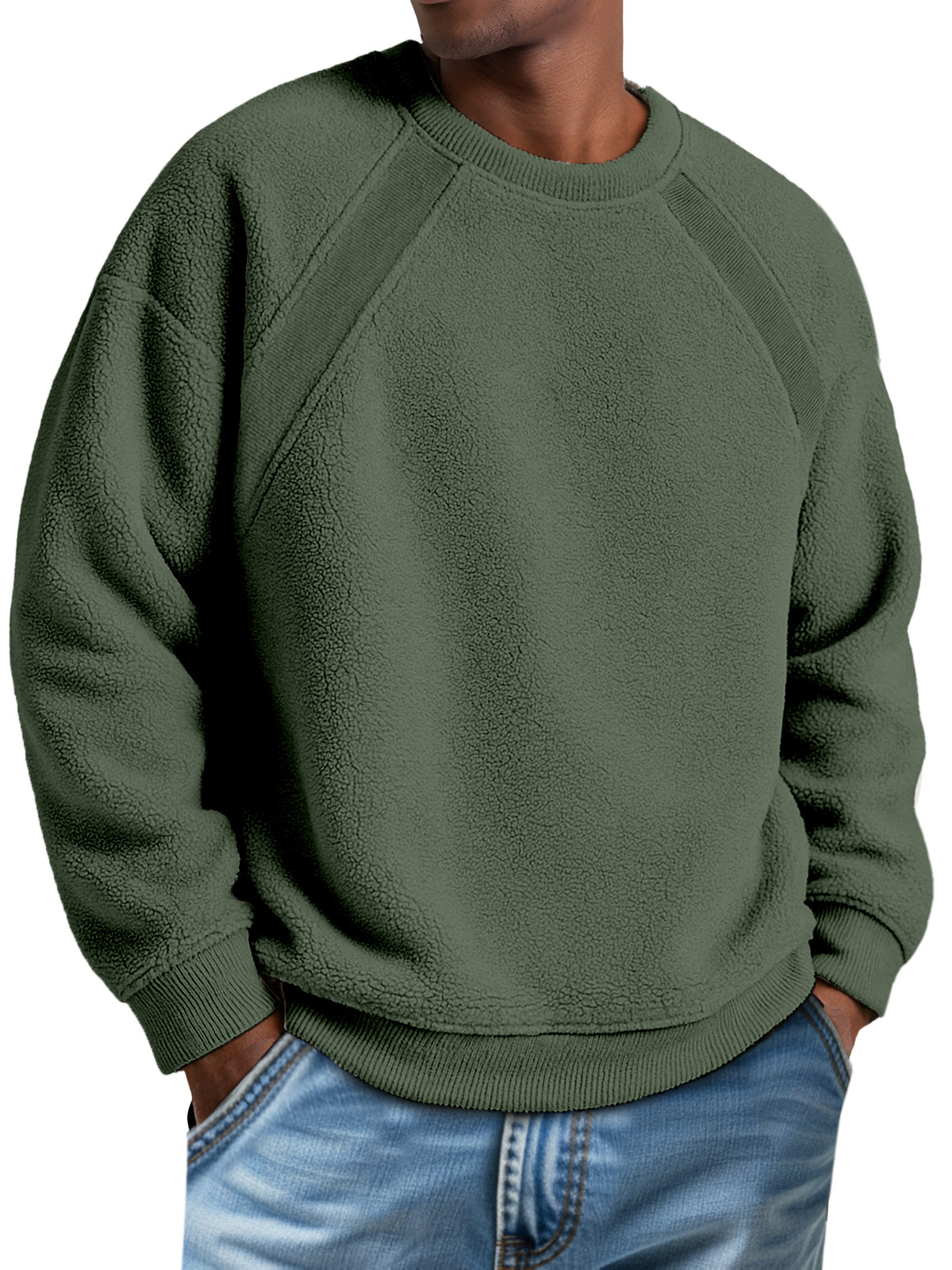 Men's Round Neck Polar Fleece Ribbed Split Patchwork Sweatshirt