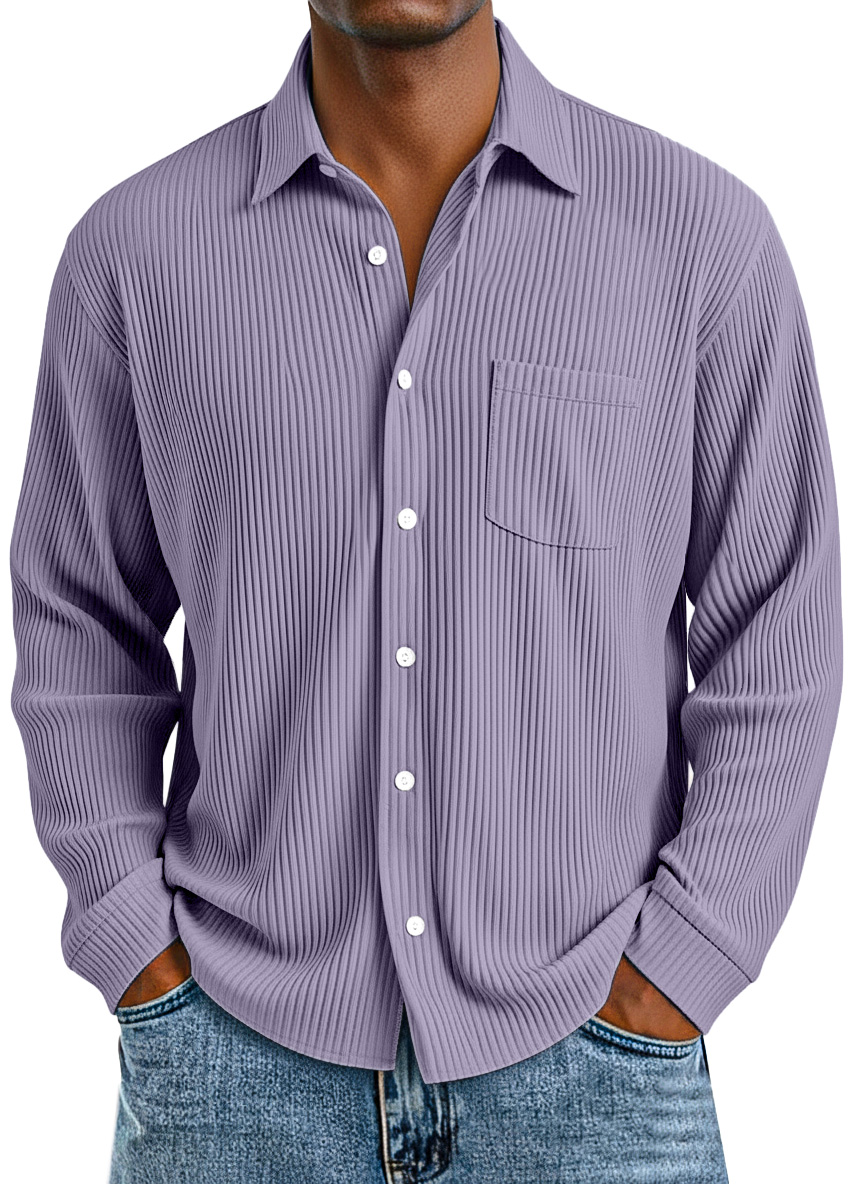 Men's daily casual vertical pit texture solid color lapel long-sleeved shirt