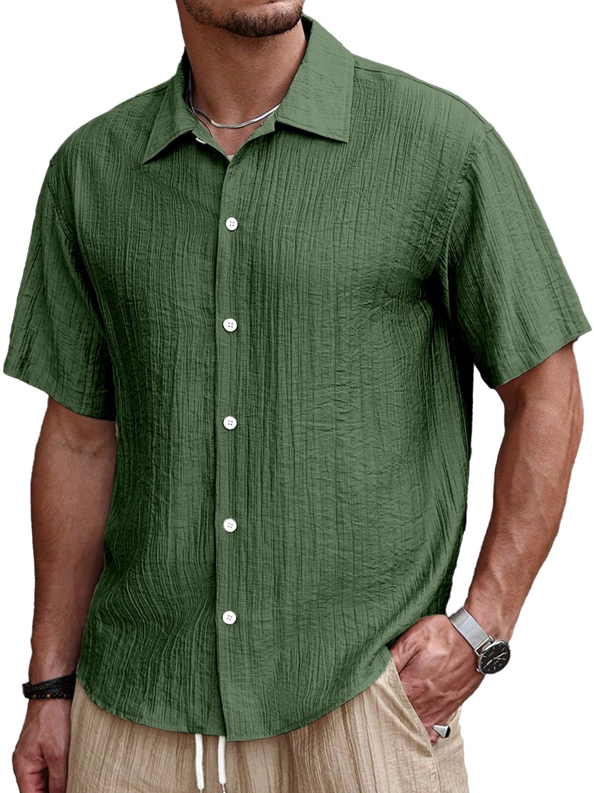 Men's Simple Casual Pleated Solid Color Short Sleeve Button Lapel Shirt