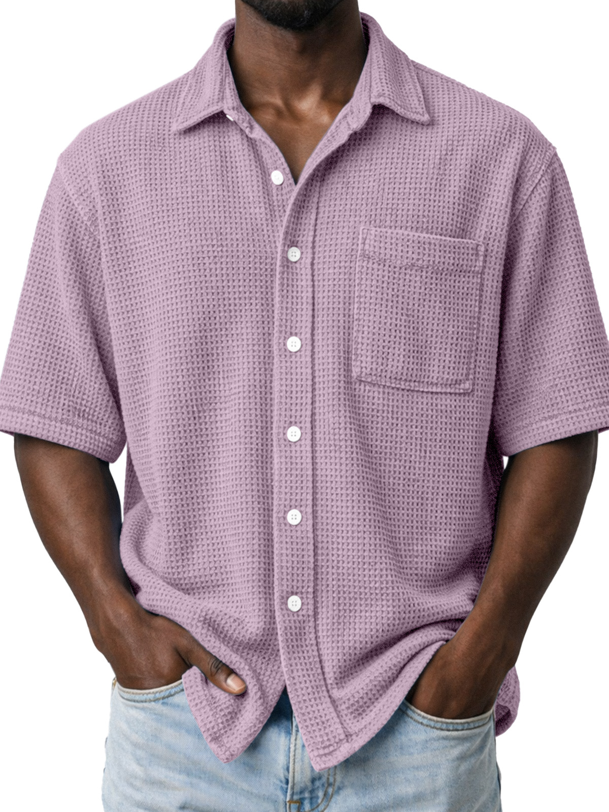 Men's Casual Solid Color Waffle Knit Short-sleeved Shirt With Pockets