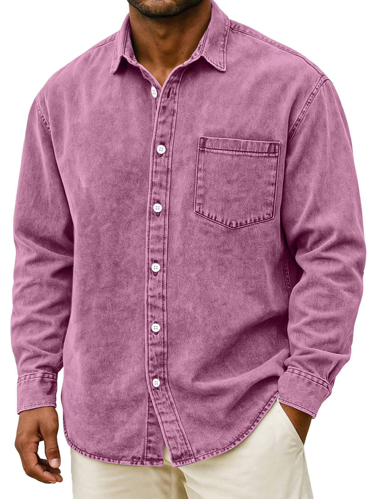 Men's Retro Solid Color Loose Long Sleeve Shirt