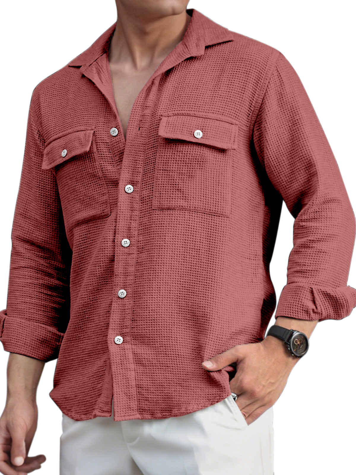 Men's Everyday Casual Solid Color Double Pocket Waffle Lapel Long Sleeve Shirt