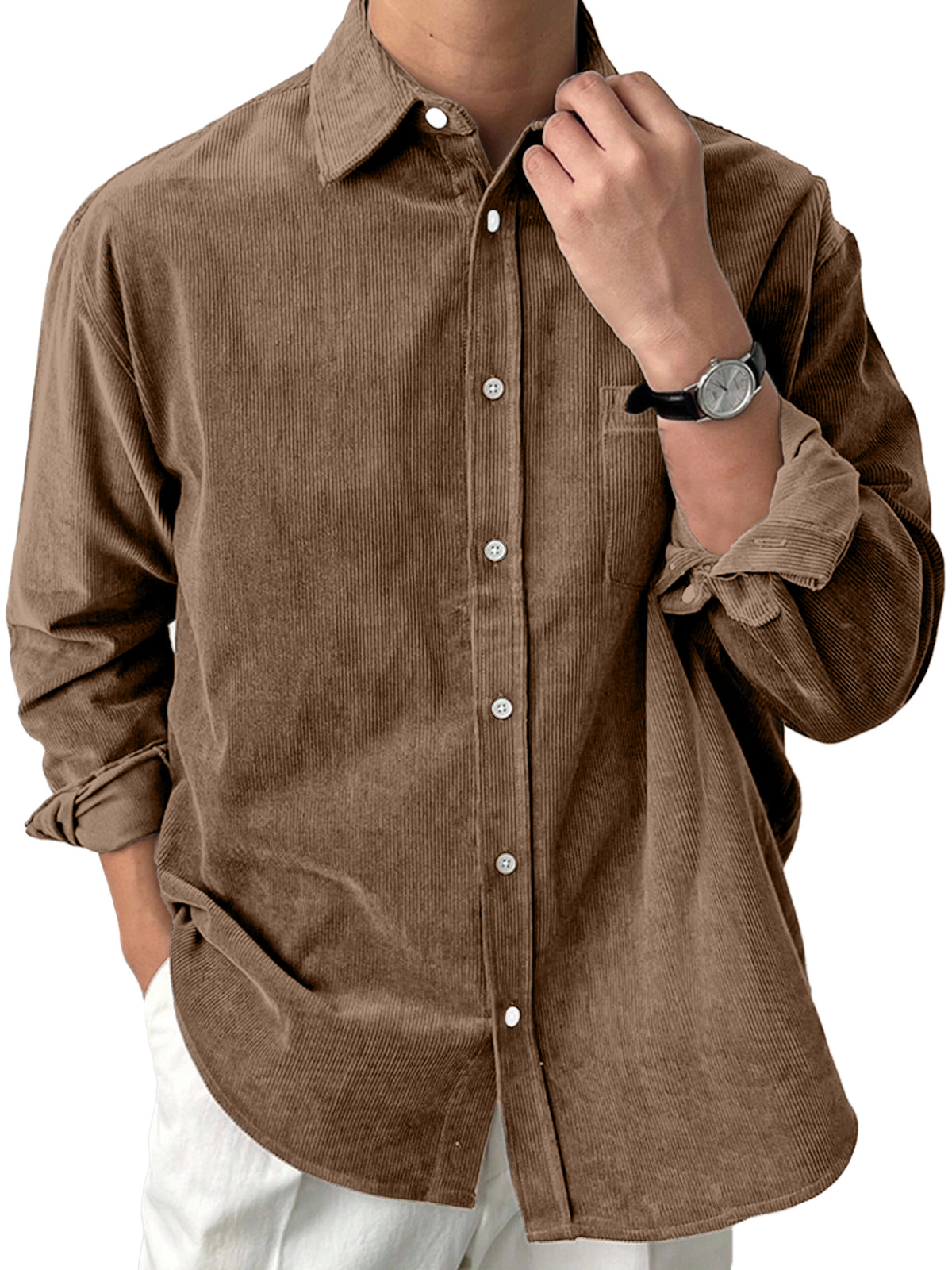 Men's Casual Solid Color Corduroy Loose Lapel Long Sleeve Shirt