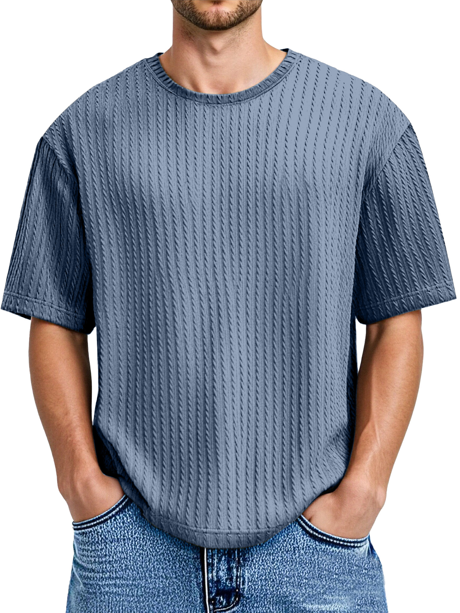 Men's Daily Solid Color Twist Texture Short-sleeved Round Neck T-shirt