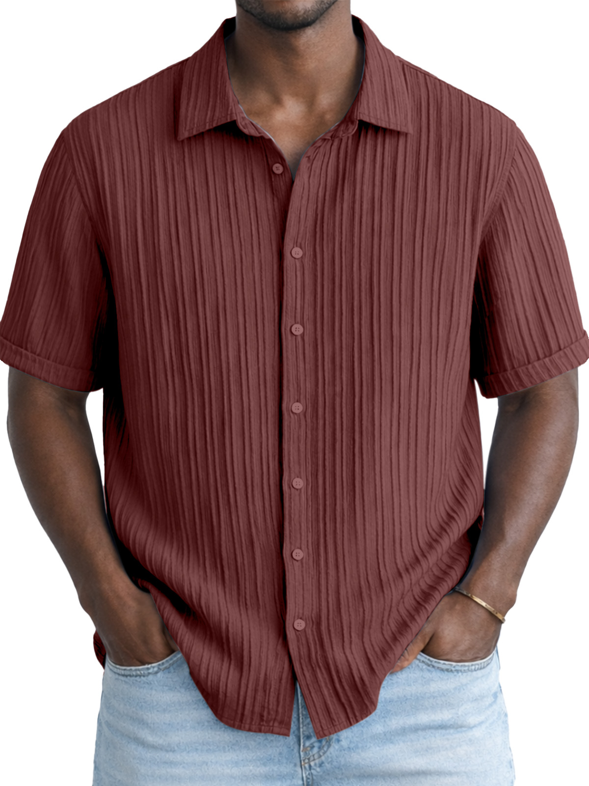 Men's Solid Color Breathable Vertical Stripe Simple Short-Sleeve Shirt