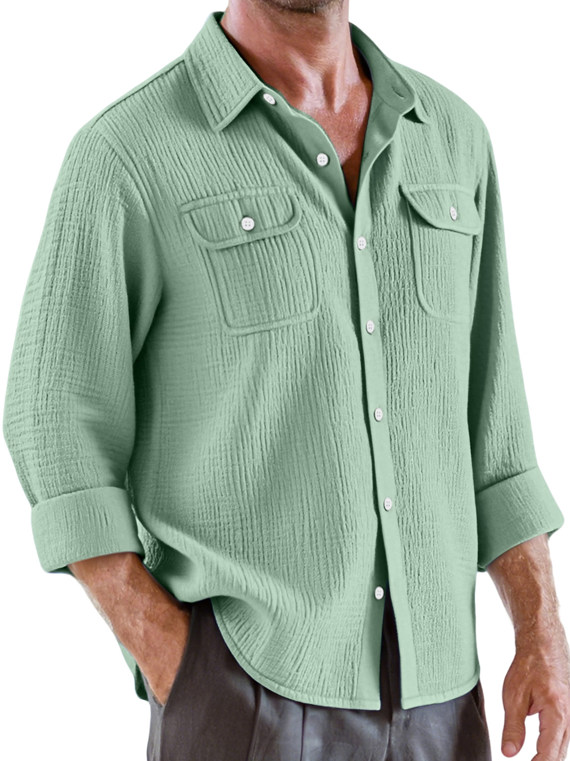Men's Casual Solid Color Pleated Texture Double Pocket Long Sleeve Shirt