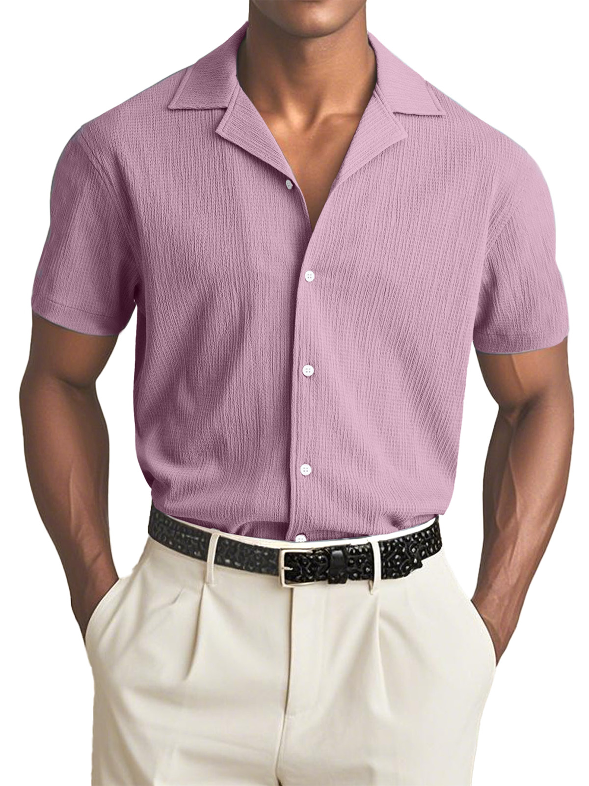 Men's Simple Solid Color Textured Cuban Collar Short-sleeved Shirt