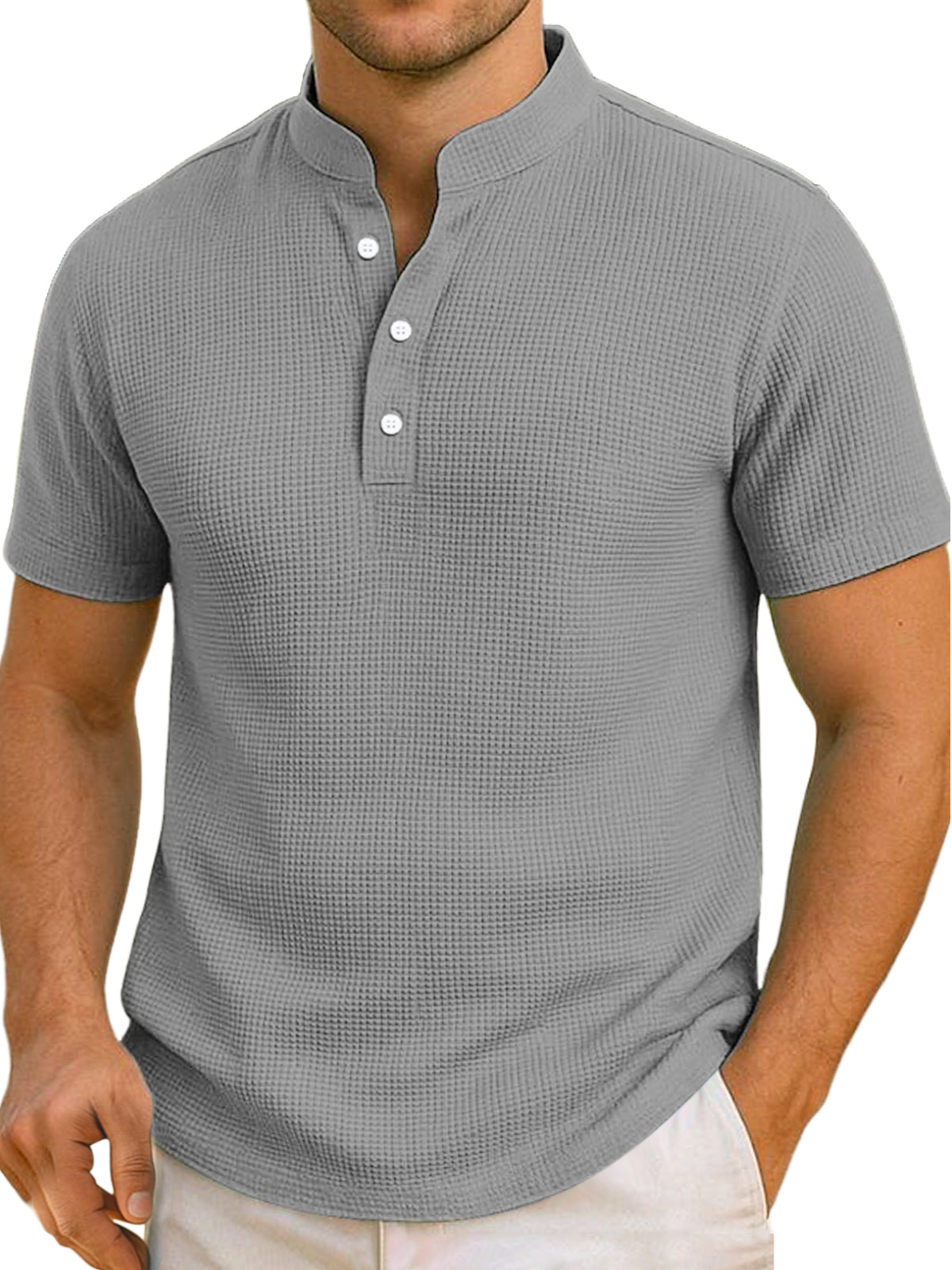 Men's Daily Simple And Comfortable Solid Color Waffle Short-sleeved Henley Shirt
