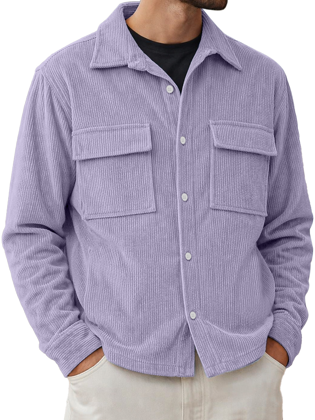 Men's Basic Double-pocket Corduroy Button-down Long-sleeved Shirt