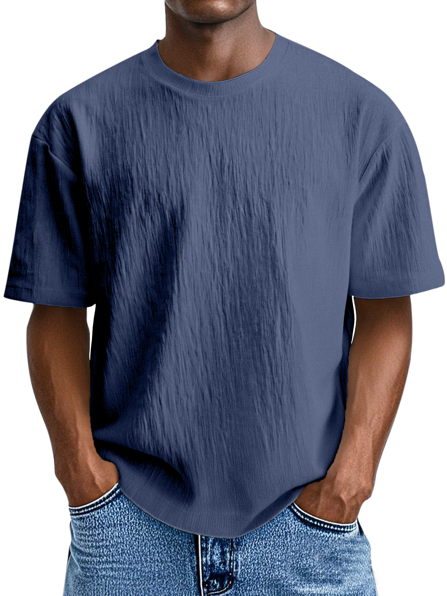 Men's Simple, Comfortable And Loose Solid Color Pleated Round Neck Short-sleeved T-shirt