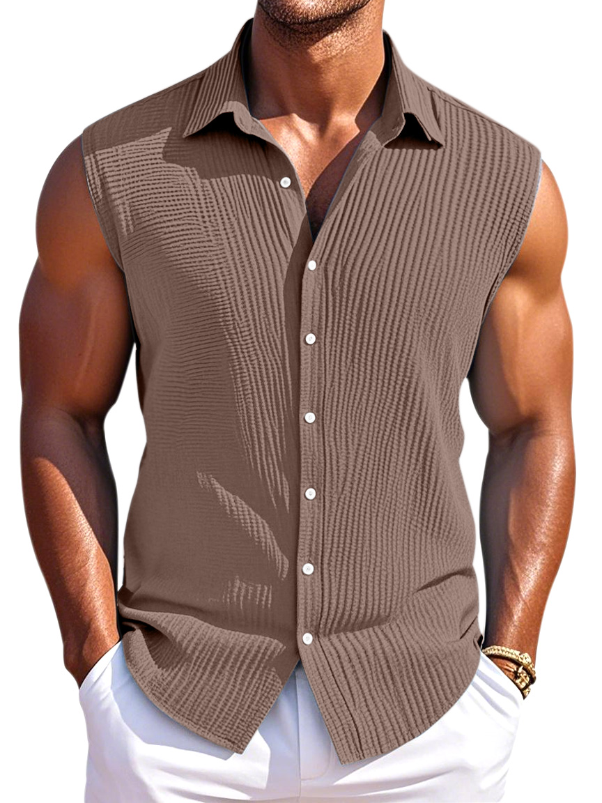 Men's Summer Simple Pleated Texture Daily Lapel Button Sleeveless Shirt