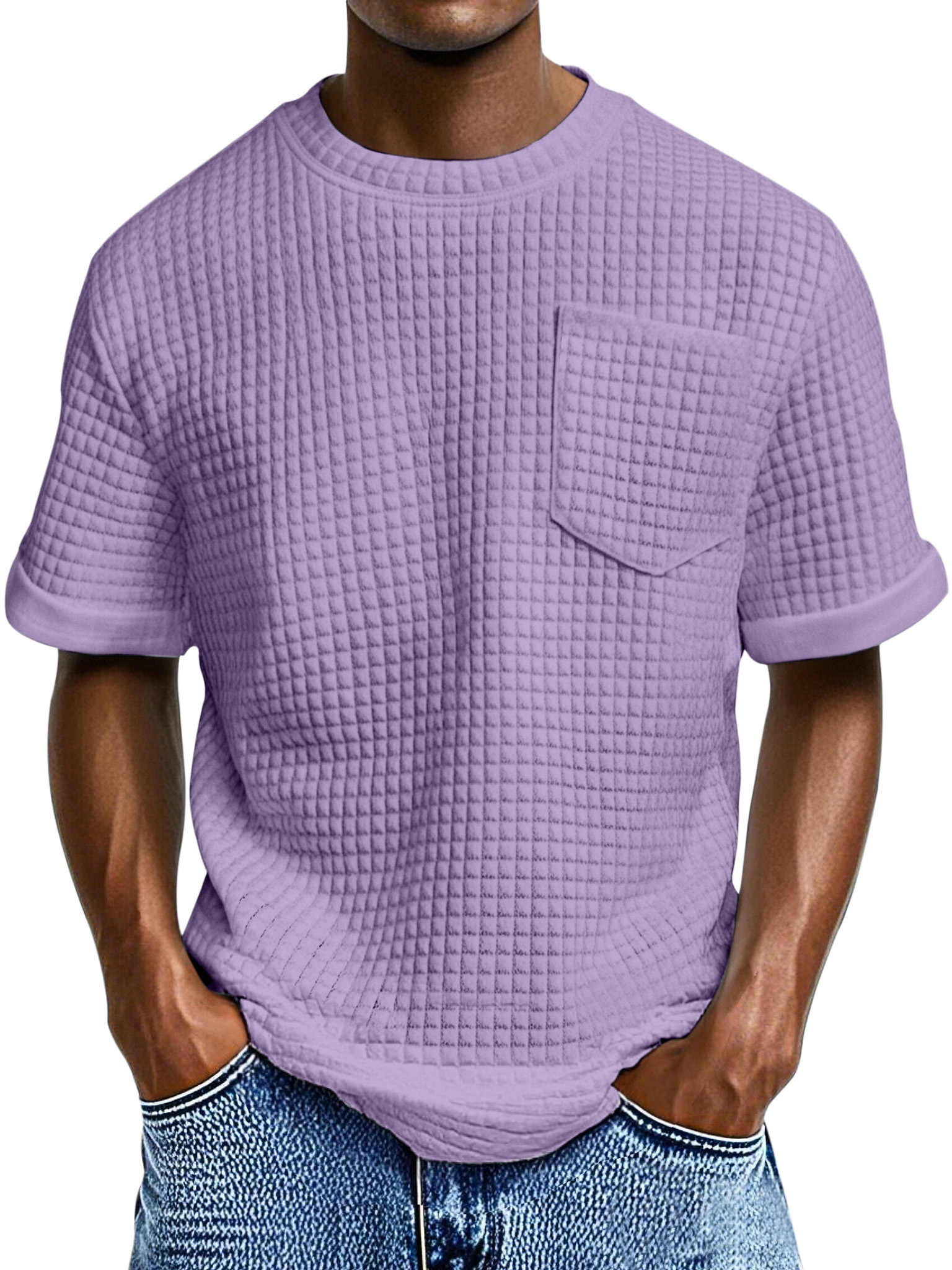 Men's Casual Loose Small Square Texture Pocket Round Neck Short-sleeved T-shirt