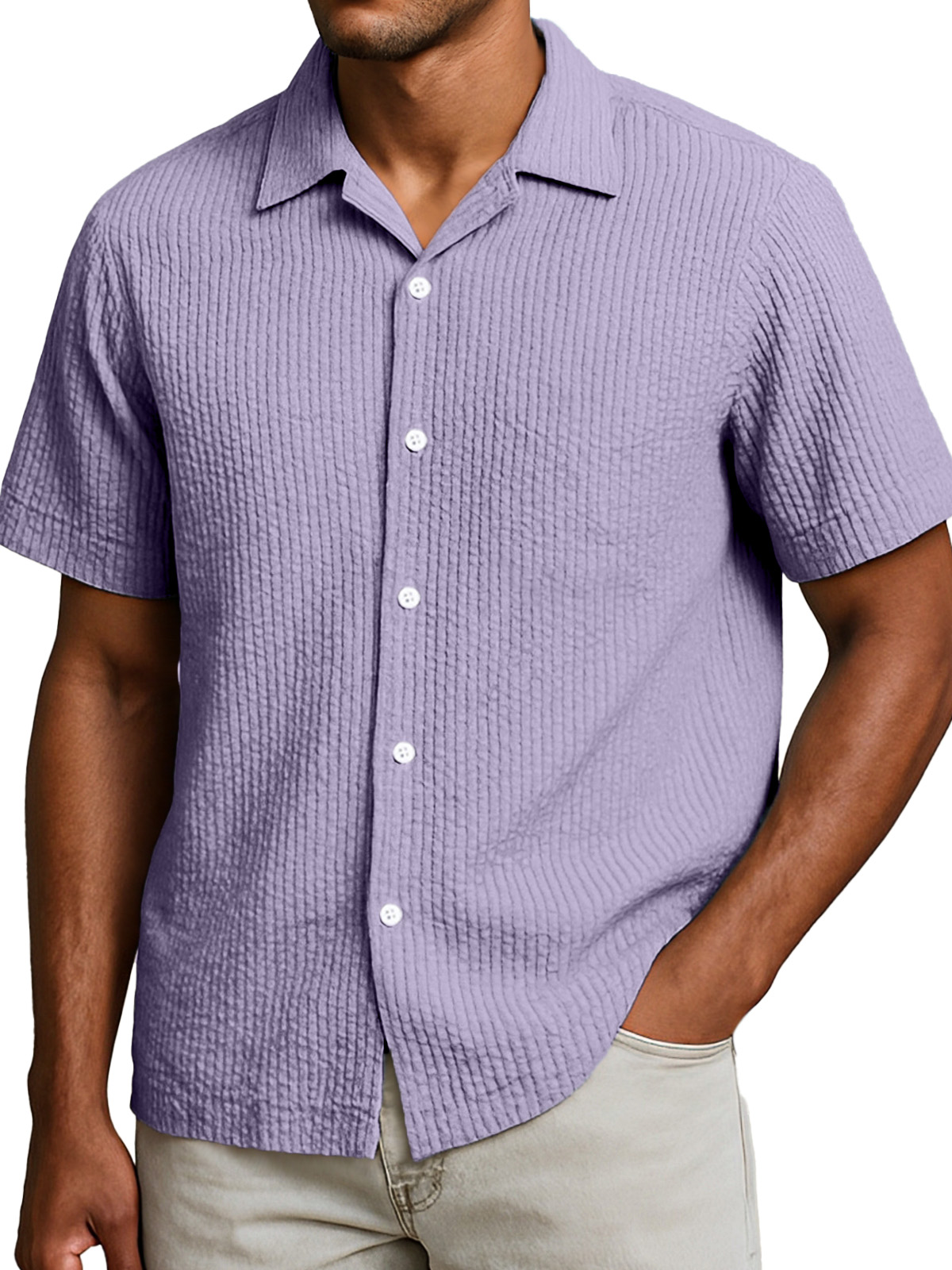 Men's Casual Solid Color Breathable Seersucker Button Short Sleeve Shirt