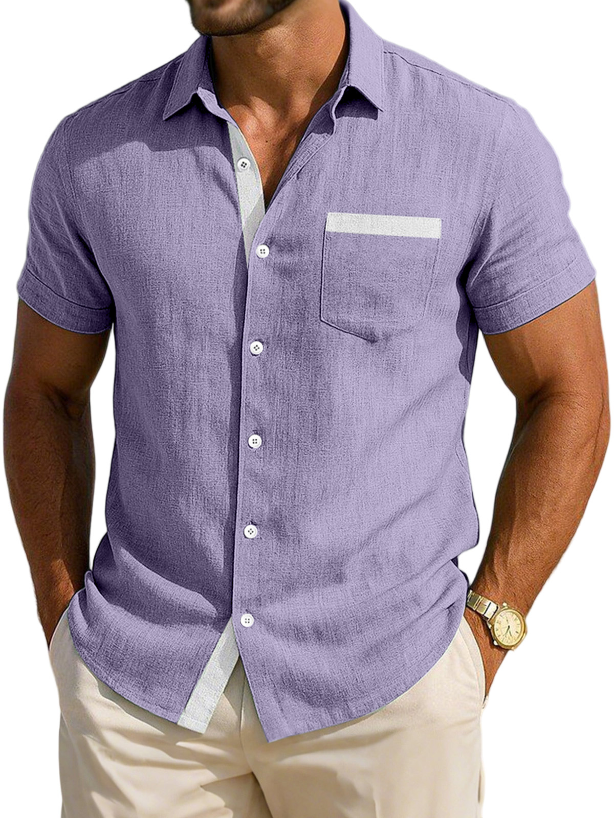 Men's Simple Daily Casual Breathable Contrast Button Short-sleeved Shirt