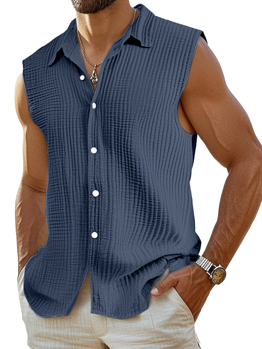 Men's Casual Pleated Texture Solid Color Sleeveless Shirt