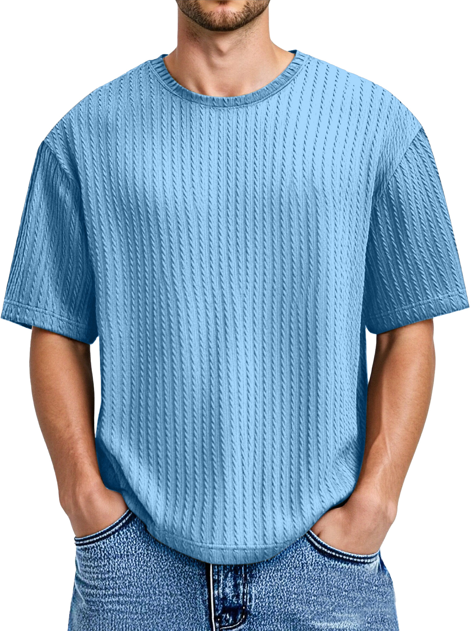 Men's Daily Solid Color Twist Texture Short-sleeved Round Neck T-shirt