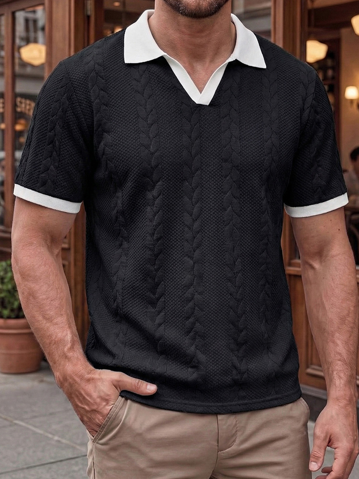 Men's Daily Contrast Jacquard Short Sleeve Polo Neck T-shirt