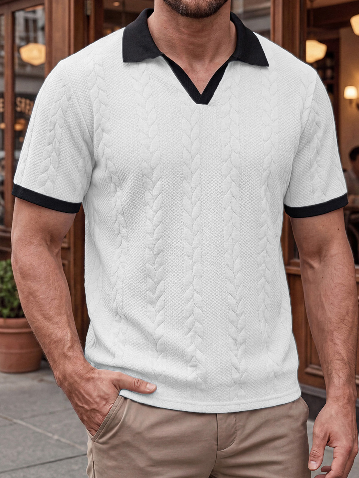 Men's Daily Contrast Jacquard Short Sleeve Polo Neck T-shirt