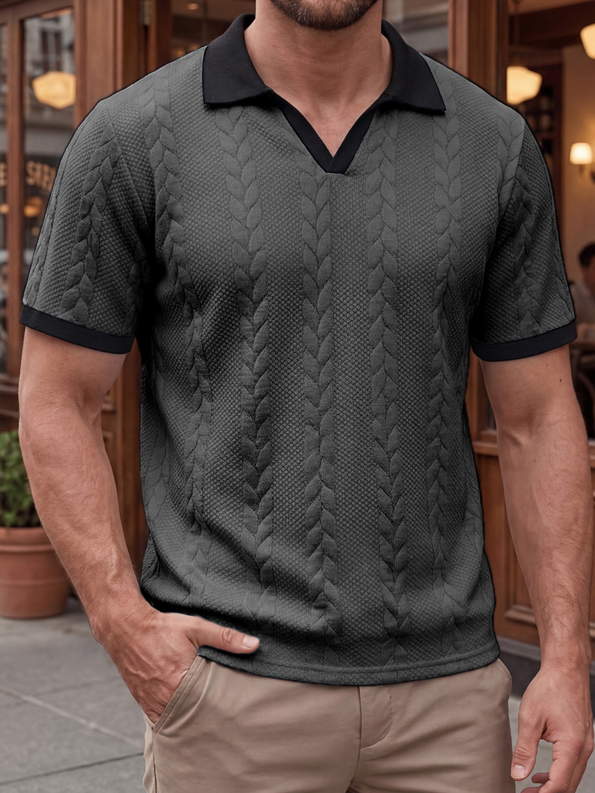 Men's Daily Contrast Jacquard Short Sleeve Polo Neck T-shirt