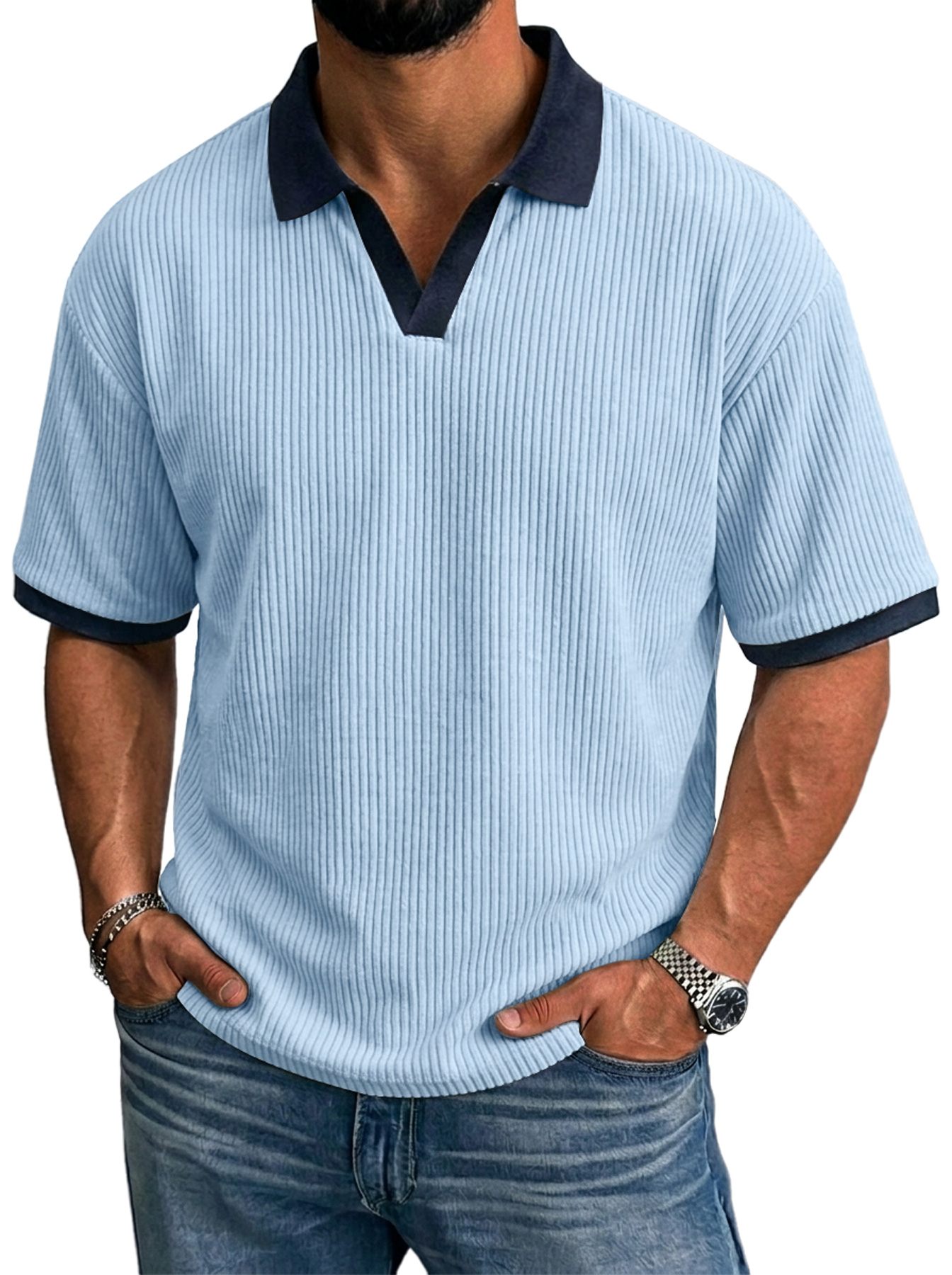 Men's Simple Ribbed Color Block Casual Short-Sleeve Polo Shirt
