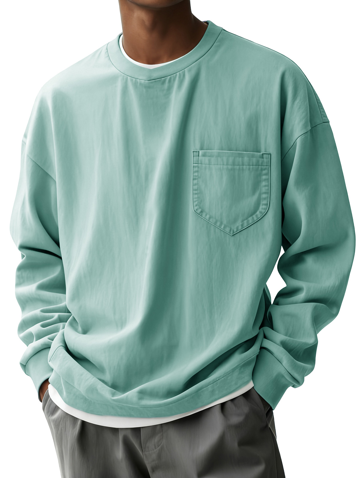 Men's Fashion Casual Pleated Fabric Round-neck Pocket Long-sleeve Top