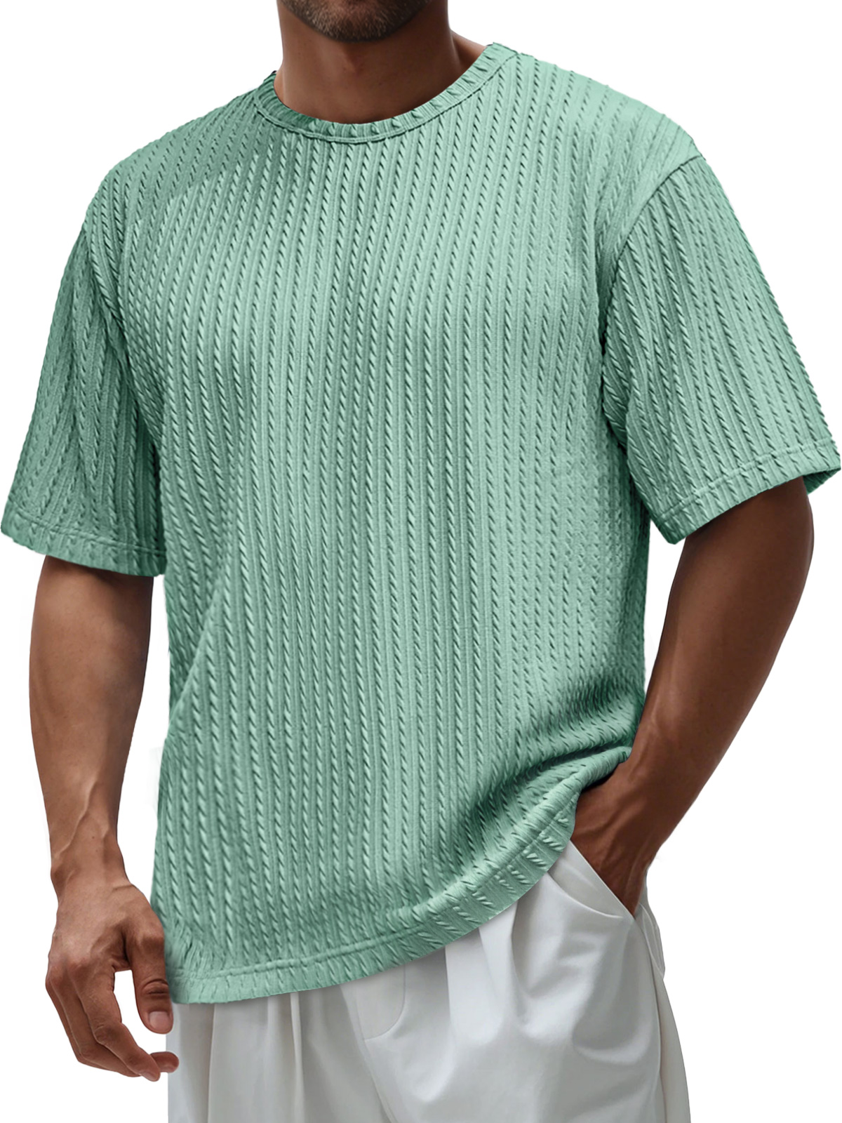 Men's Daily Round Neck Jacquard Texture Casual Solid Color Short-sleeved T-shirt