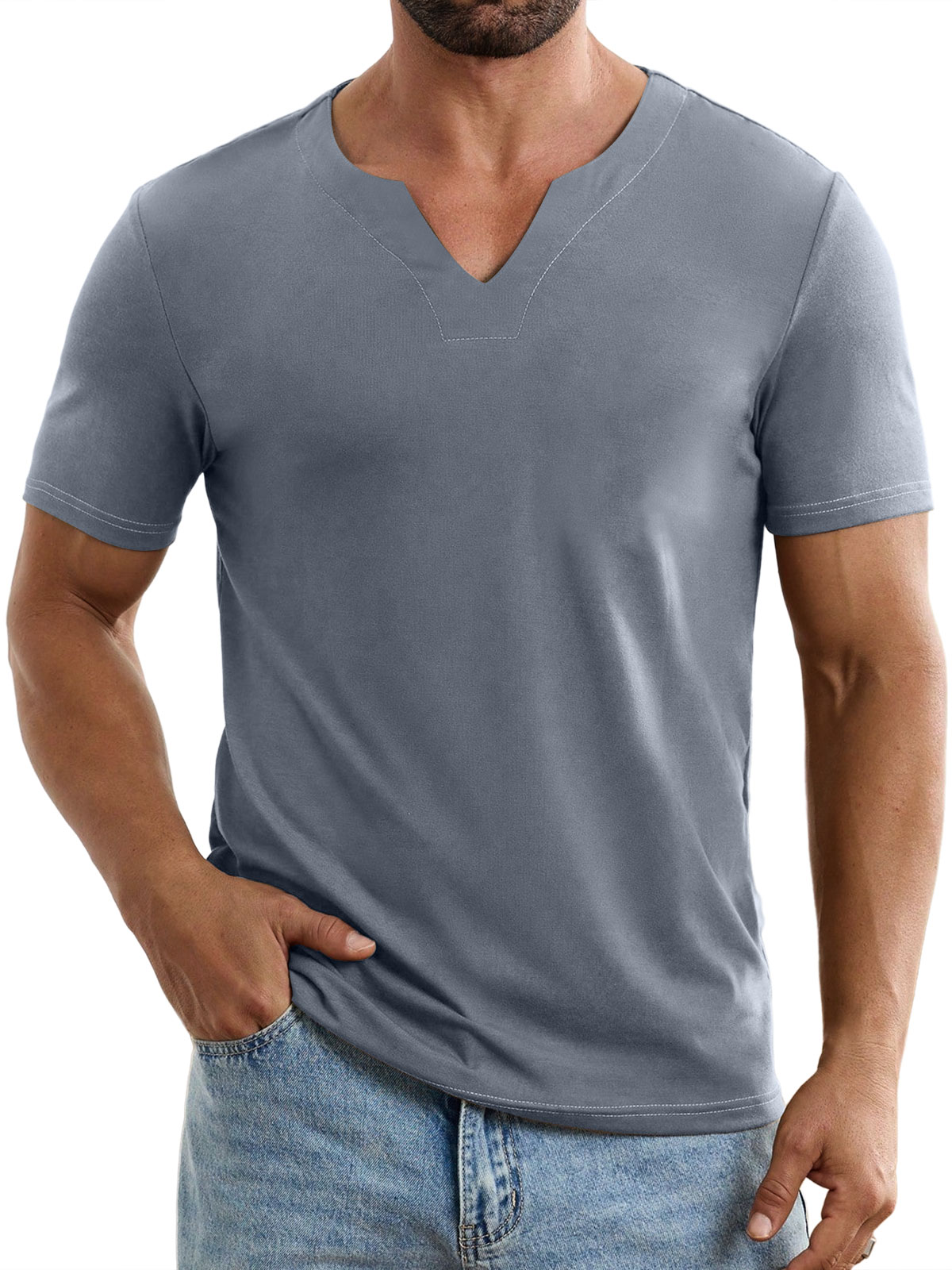 Men's Casual V-neck Solid Color Comfortable Short-sleeved T-shirt