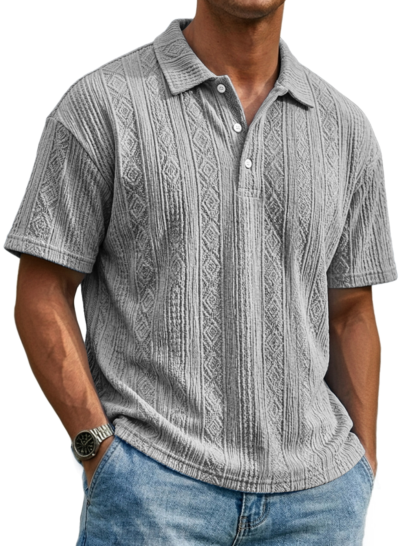 Men's Everyday Textured Collar Button-down Casual Short-sleeved Polo Shirt