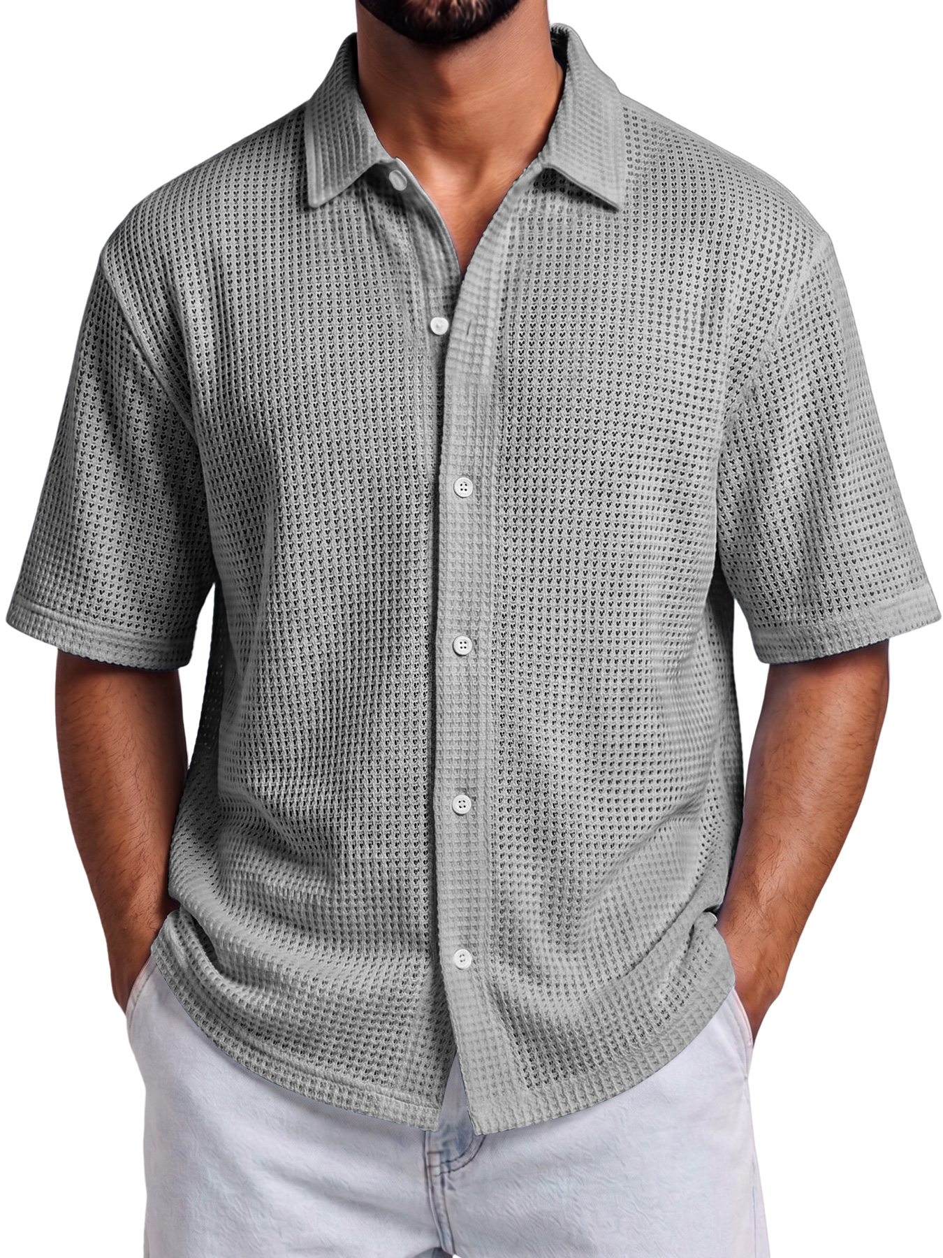Men's Solid-Color Waffle-Knit Casual Short-Sleeve Shirt