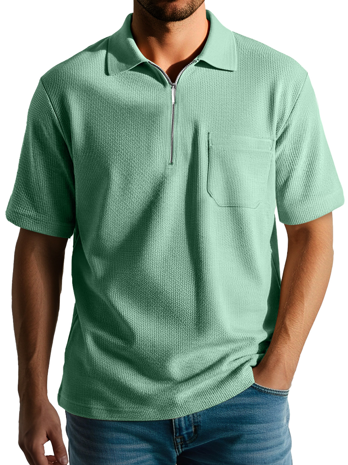 Men's Daily Casual Texture Lapel Zipper Comfortable Short-sleeved Polo Shirt