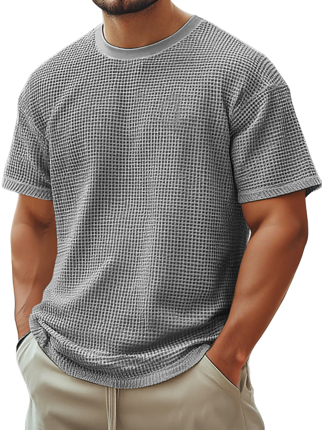Men's Retro Crew Neck Waffle Casual Short Sleeve T-Shirt