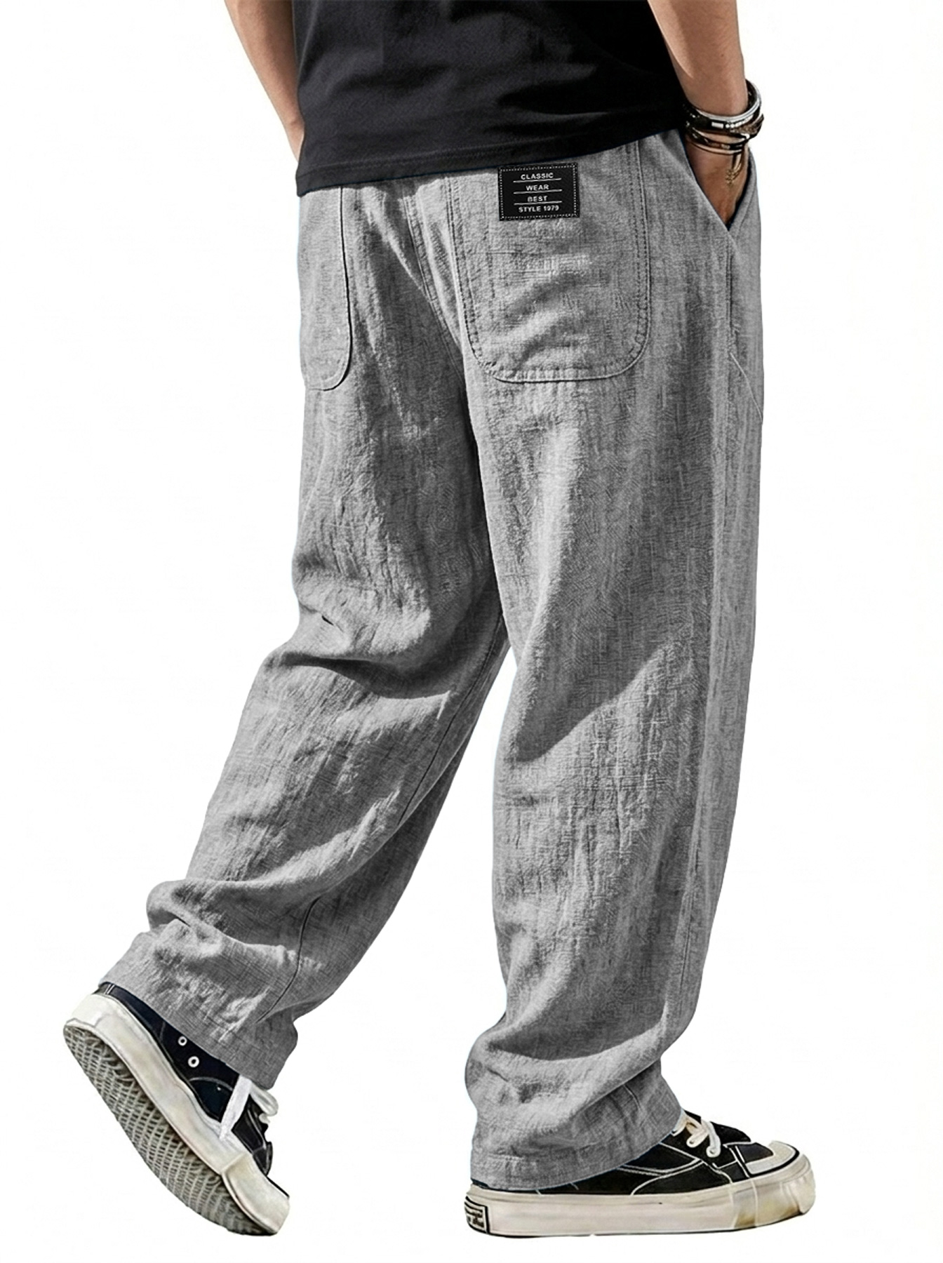 Men's Breathable Cotton-Linen Casual Trousers with Embroidered Logo