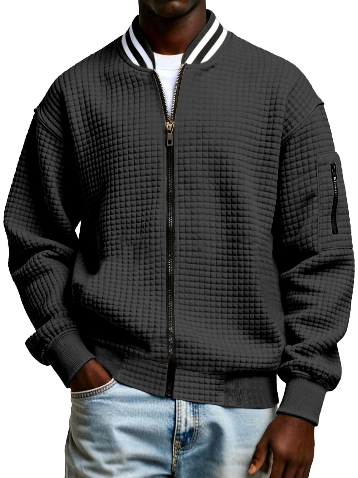 Men's Plaid Texture Solid Color Zipper Stand Collar Sweatshirt Jacket