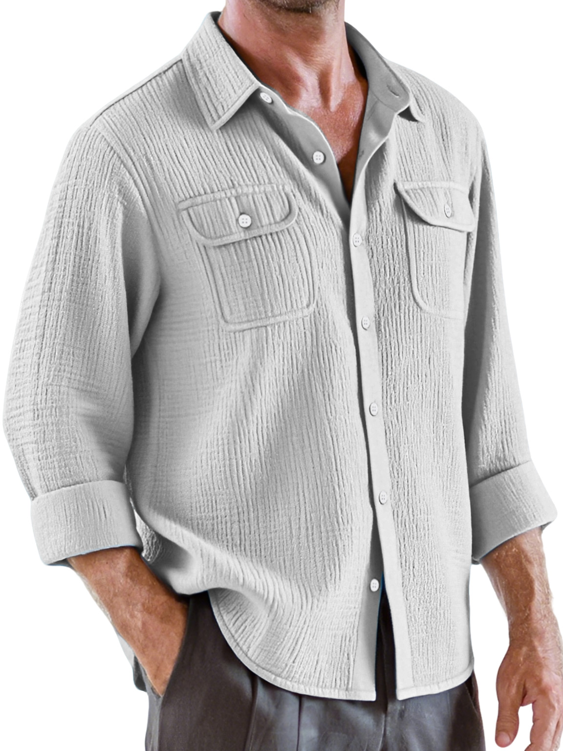 Men's Casual Solid Color Pleated Texture Double Pocket Long Sleeve Shirt