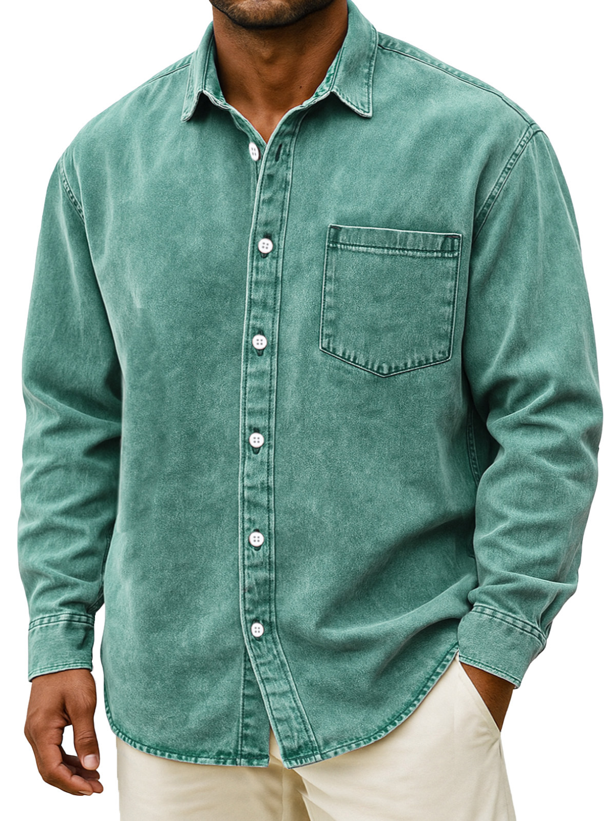 Men's Retro Solid Color Loose Long Sleeve Shirt