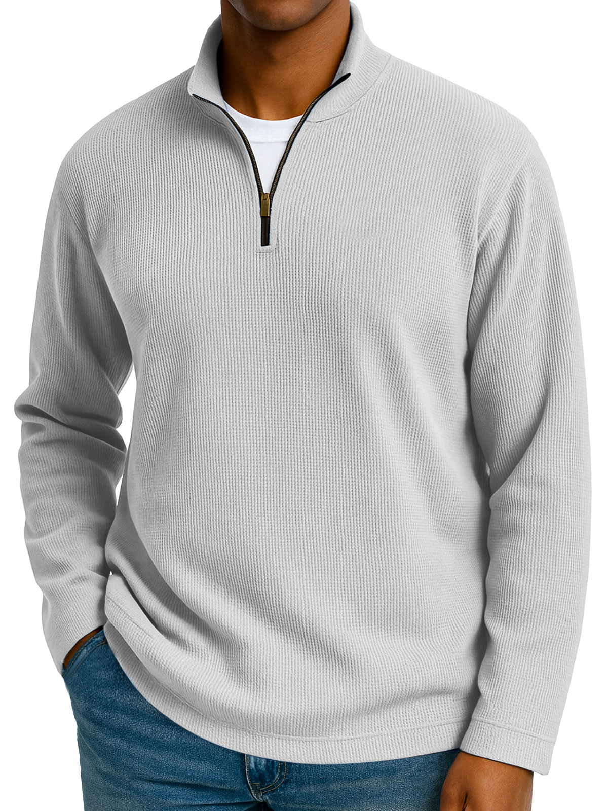 Men's Simple Solid Color Waffle Zipper Stand Collar Long-sleeved Polo Shirt