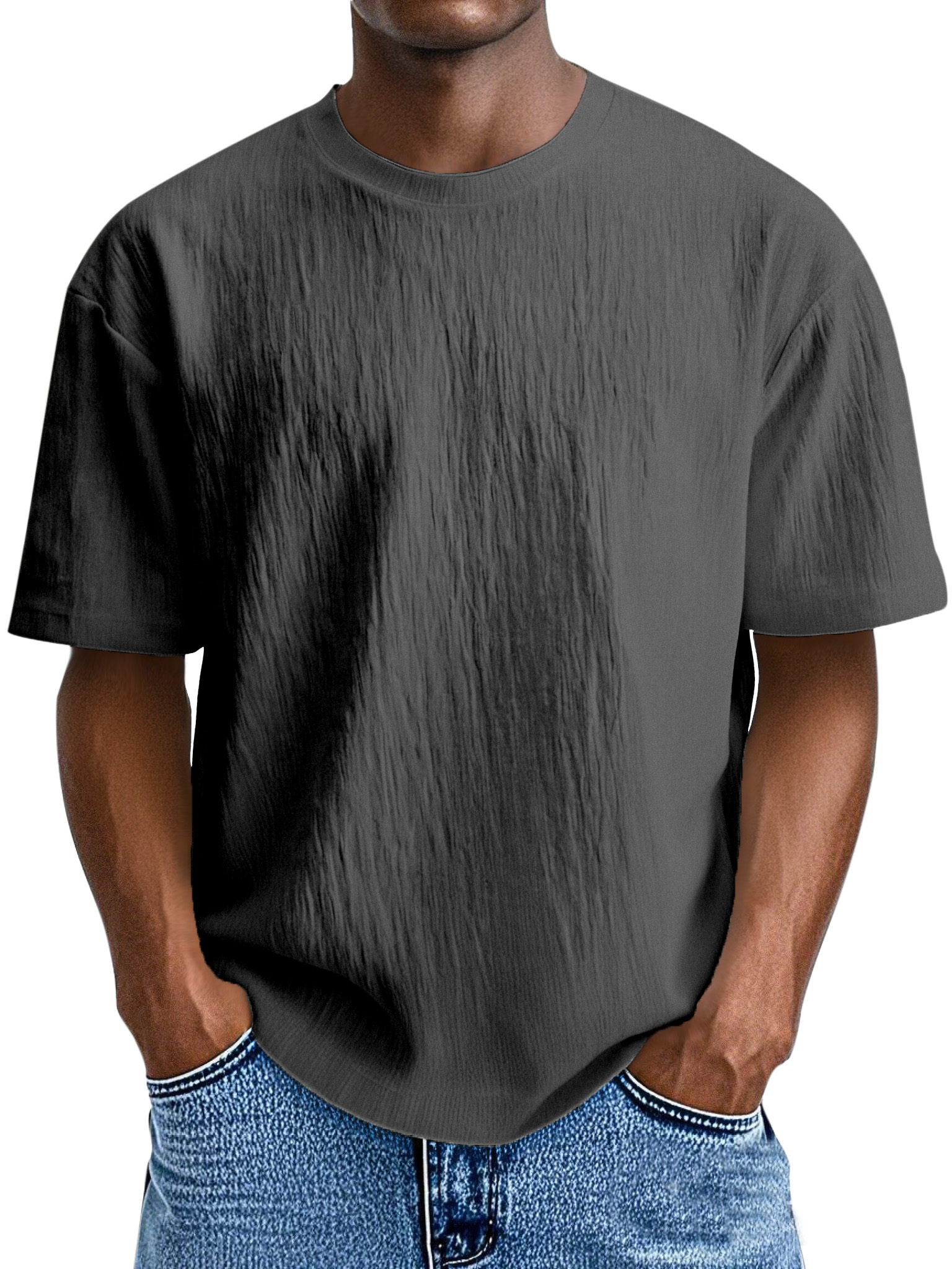 Men's Simple, Comfortable And Loose Solid Color Pleated Round Neck Short-sleeved T-shirt