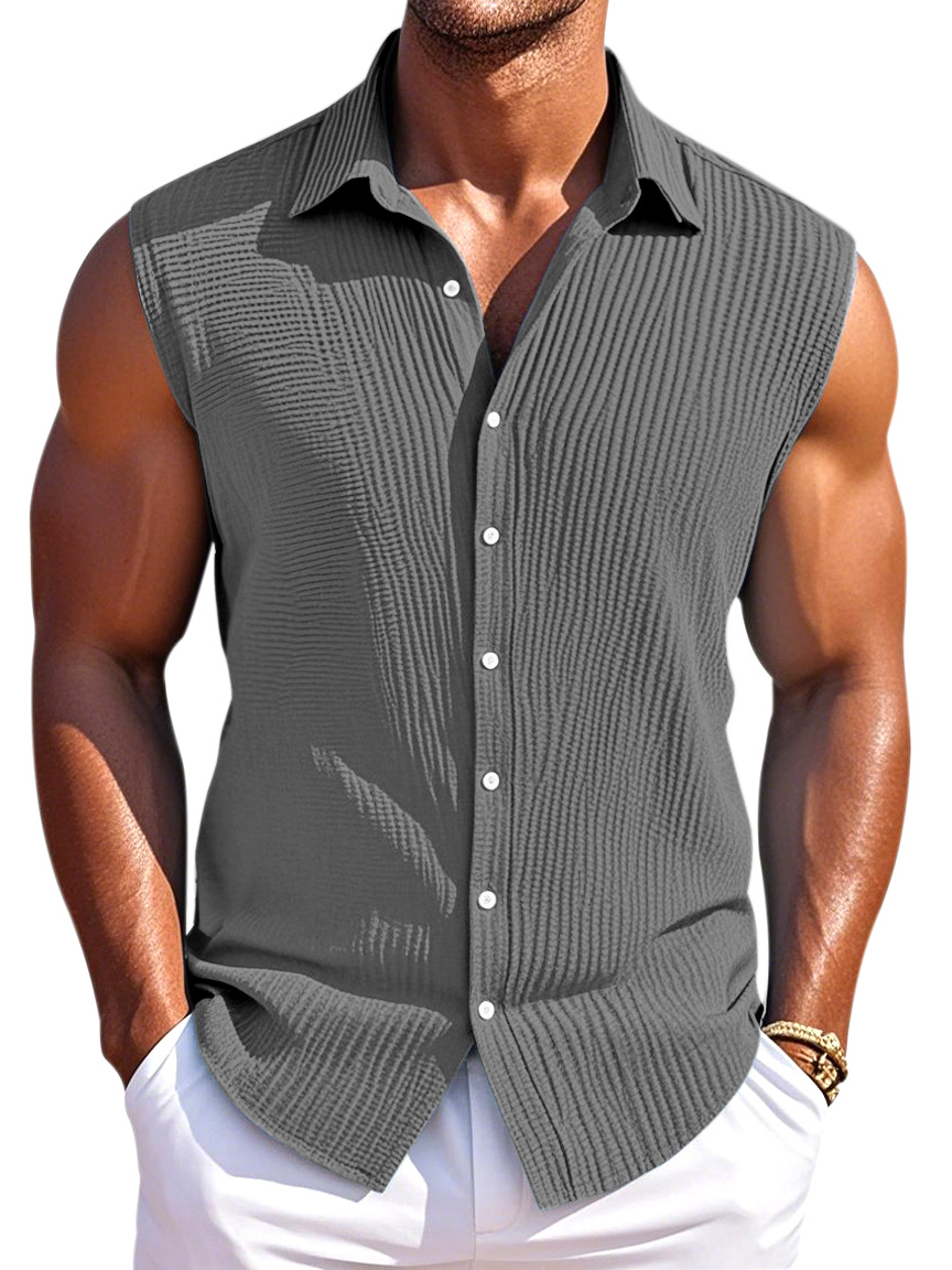 Men's Summer Simple Pleated Texture Daily Lapel Button Sleeveless Shirt