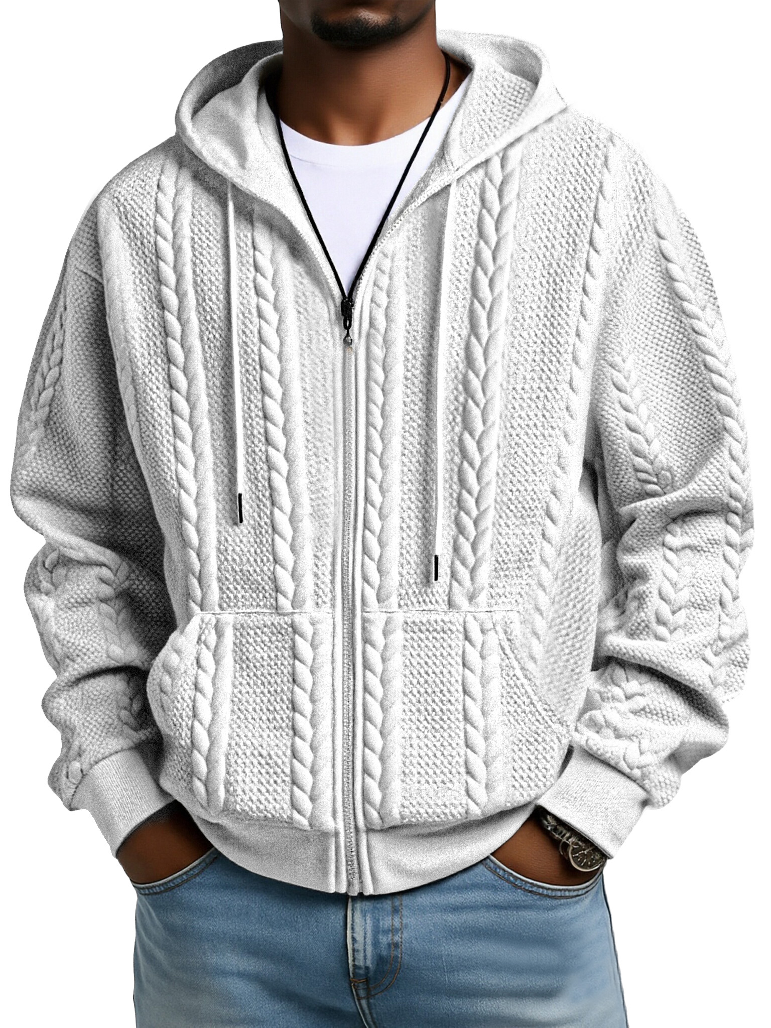Fashionable Solid Color Twist Texture Hooded Zipper Sweatshirt Jacket
