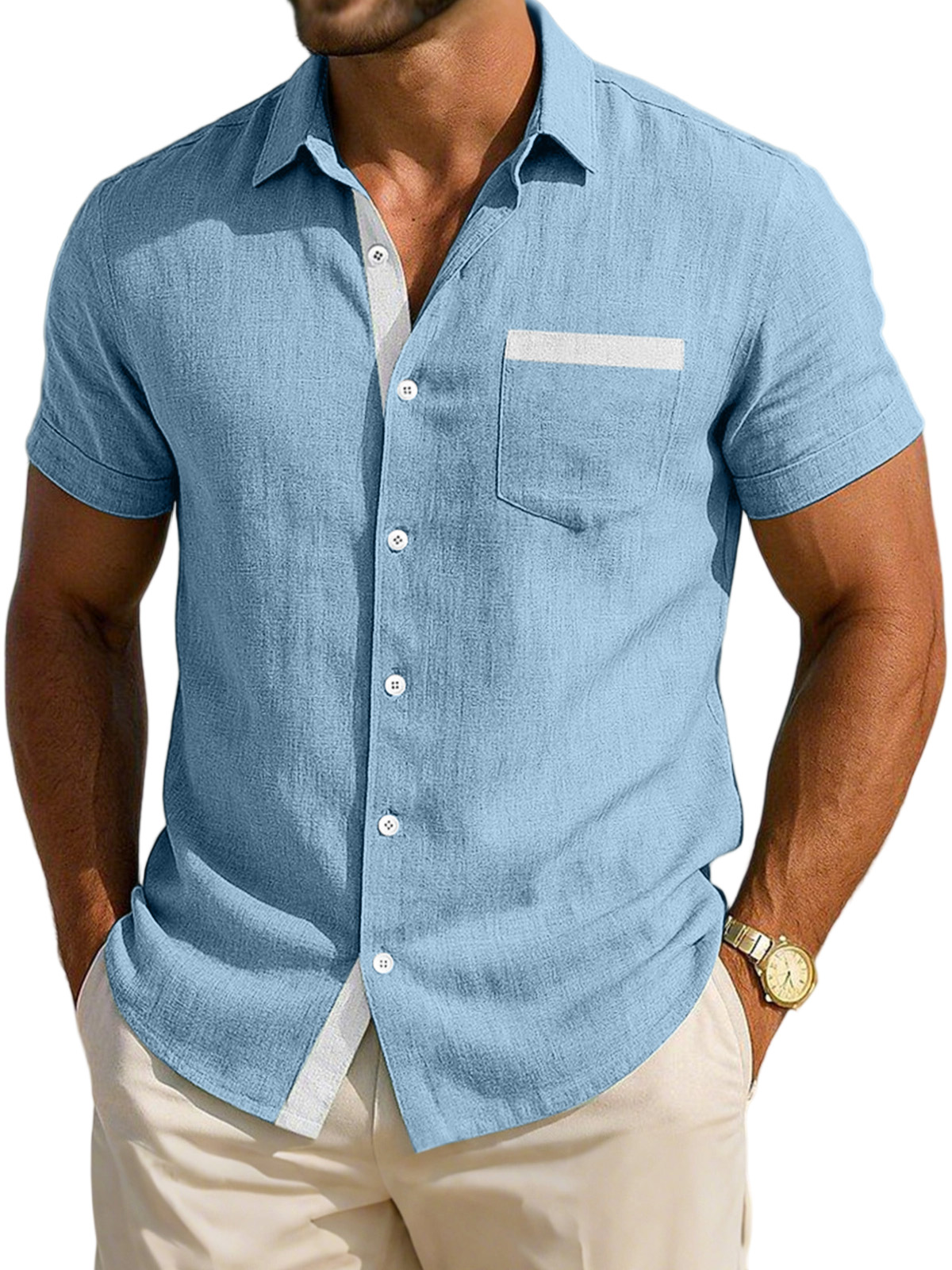 Men's Simple Daily Casual Breathable Contrast Button Short-sleeved Shirt