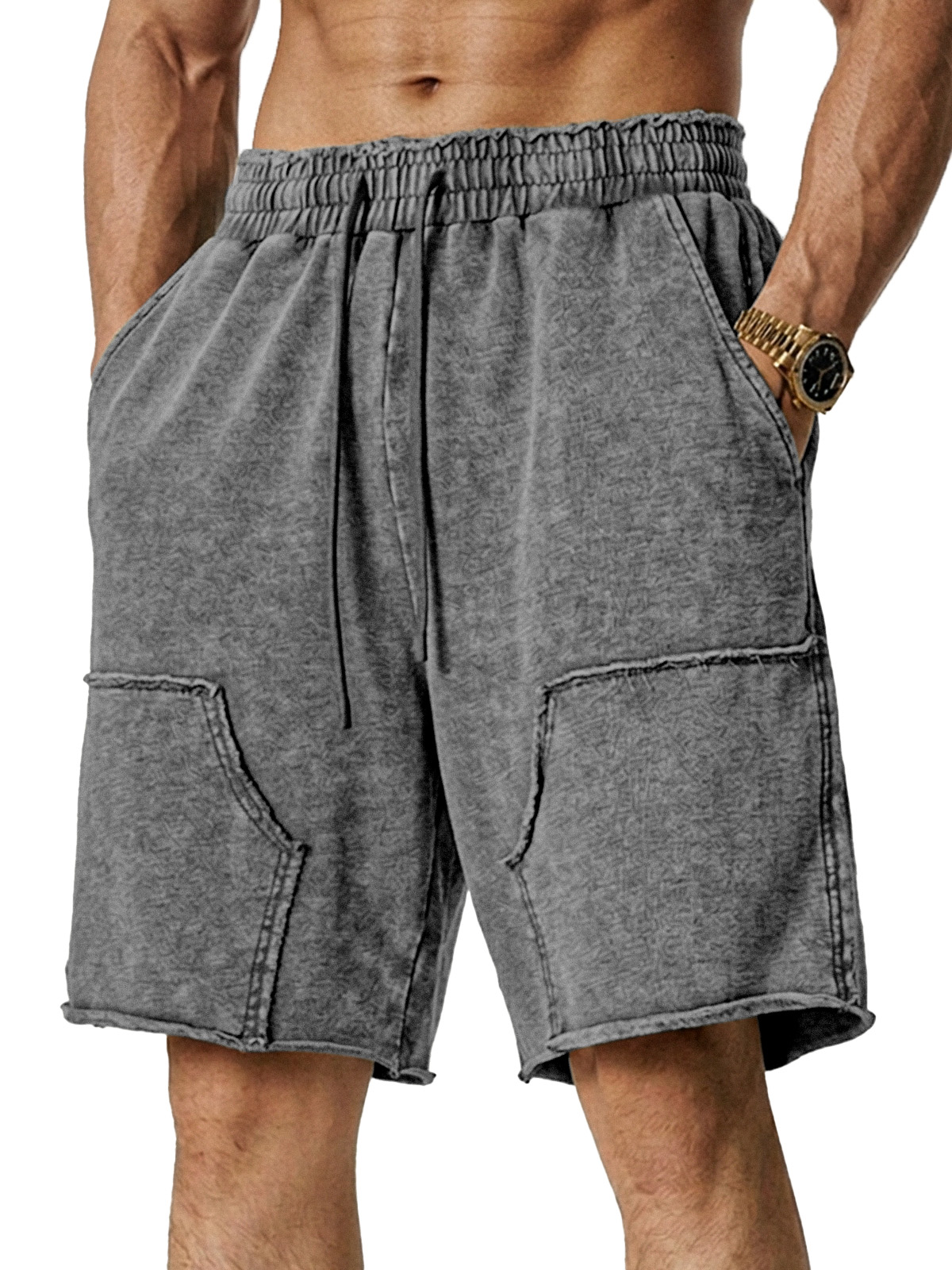 Men's Retro Loose Solid Color Stitching Design Casual Shorts