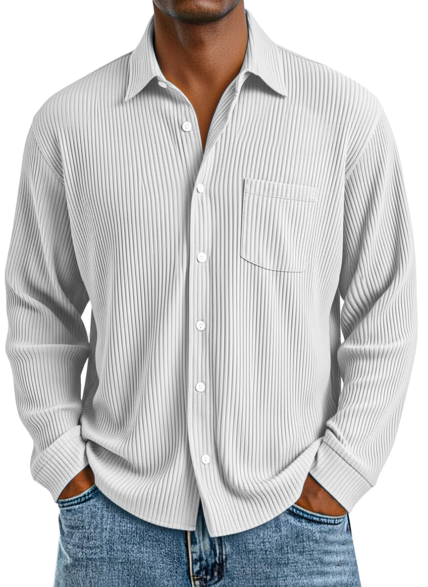 Men's daily casual vertical pit texture solid color lapel long-sleeved shirt