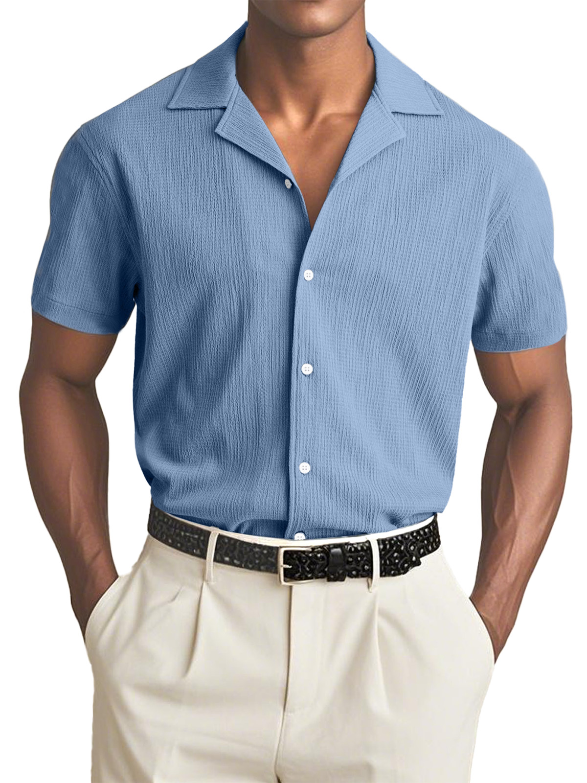 Men's Simple Solid Color Textured Cuban Collar Short-sleeved Shirt