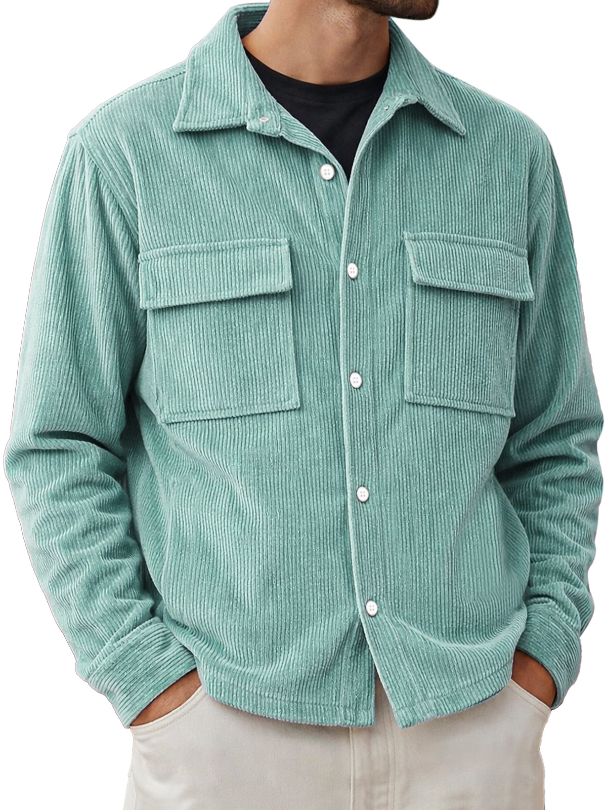 Men's Basic Double-pocket Corduroy Button-down Long-sleeved Shirt