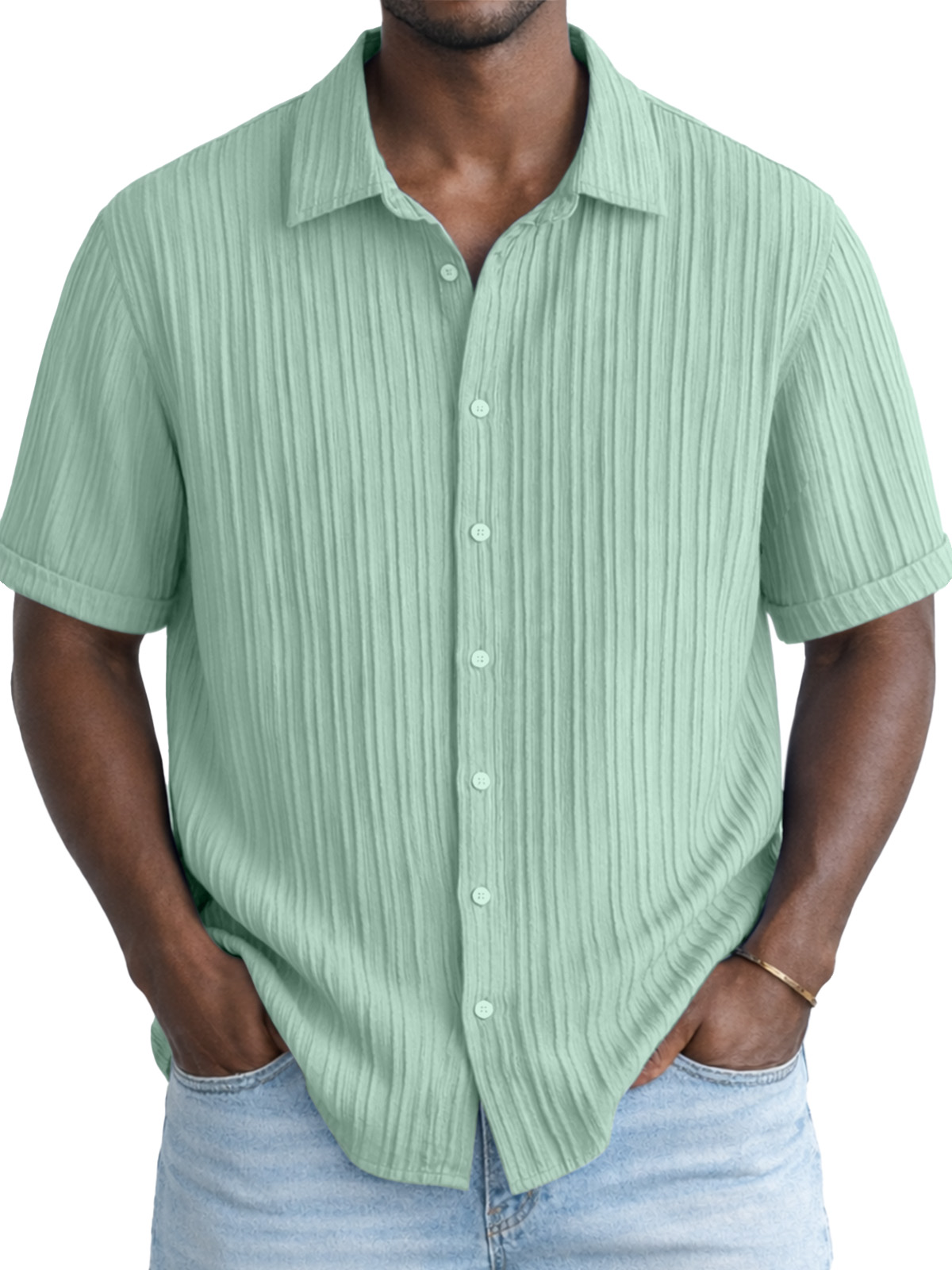 Men's Solid Color Breathable Vertical Stripe Simple Short-Sleeve Shirt