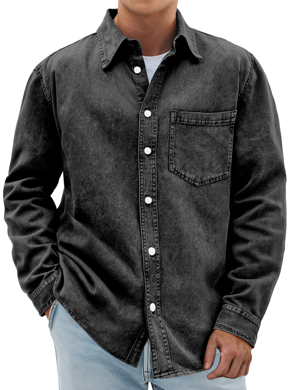 Men's Retro Solid Color Casual Lapel Long Sleeve Shirt